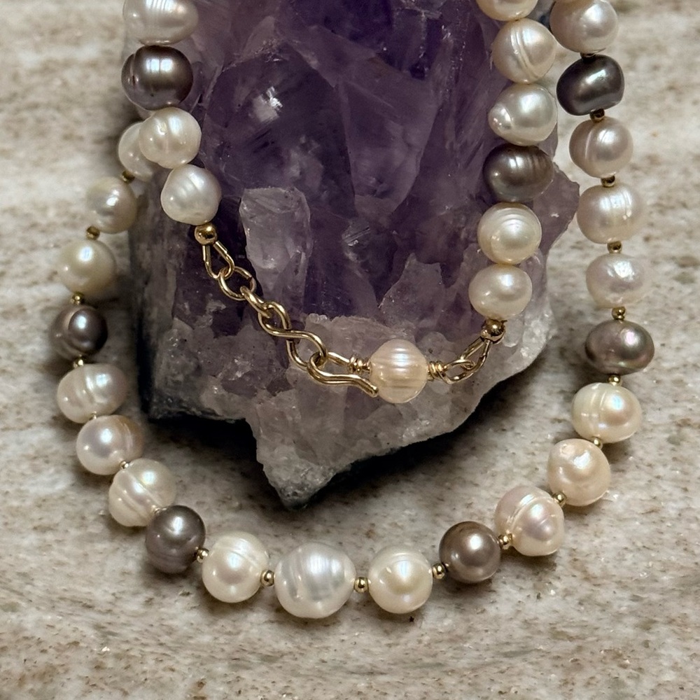 Two-Tone AAA Freshwater Pearl Necklace with Gold-Filled Accents